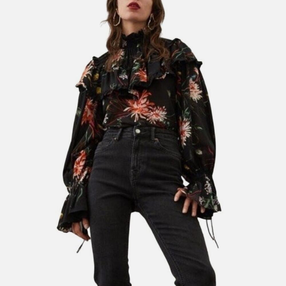 H&M Ruffle Trim Chiffon Button Blouse Womens Small Black Floral Lolita Bell Bib